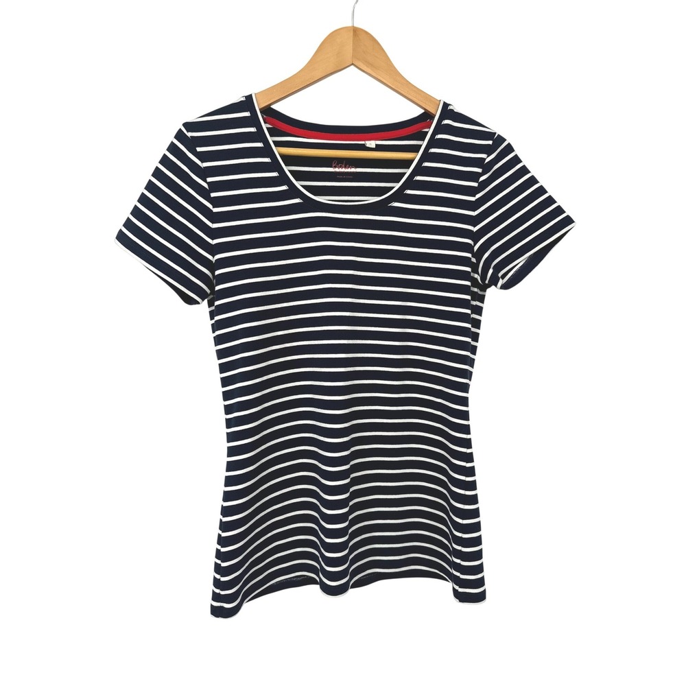 Boden Womens M Navy White Breton Stripe Scoop Neck Stretch Tee Top‎ Nautical